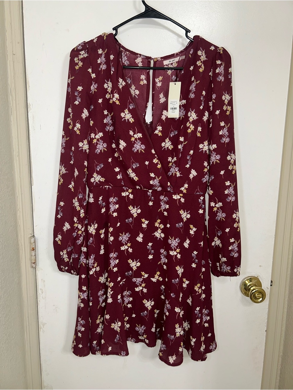 Francesca's Collections Burgundy Floral V-Neck Long Sleeve Dress